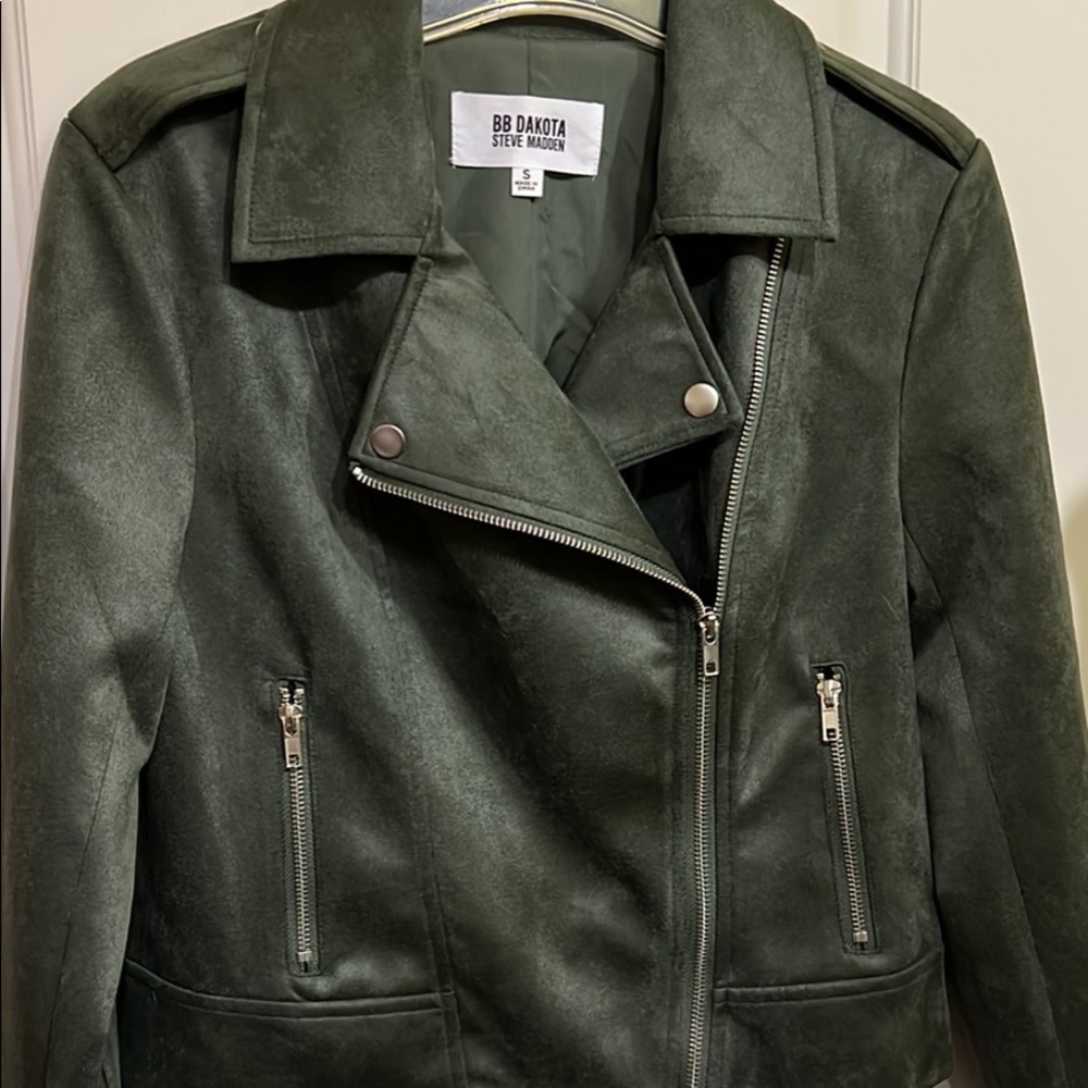 Steve Madden BB Dakota Size Small Fake Suede Slate Olive Green Moto Jacket